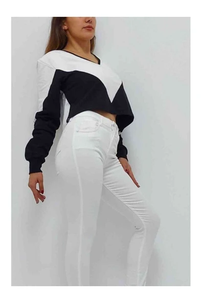 Bkmc V Yaka Kısa Sweatshirt Beyaz-siyah - 3