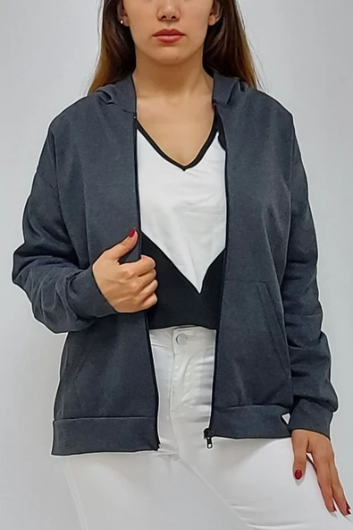 Bkmc Kapüşonlu Fermuarlı Sweatshirt Antrasit ( (kral)) - 3