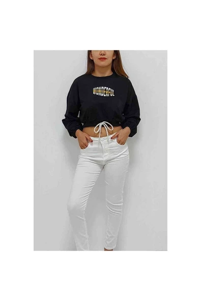 Bkmc Baskılı Önden Bağlamalı Sweatshirt Siyah