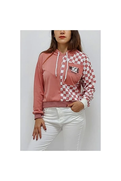 Bkmc Kapüşonlu Kare Desenli Sweatshirt Pudra Pudra-l