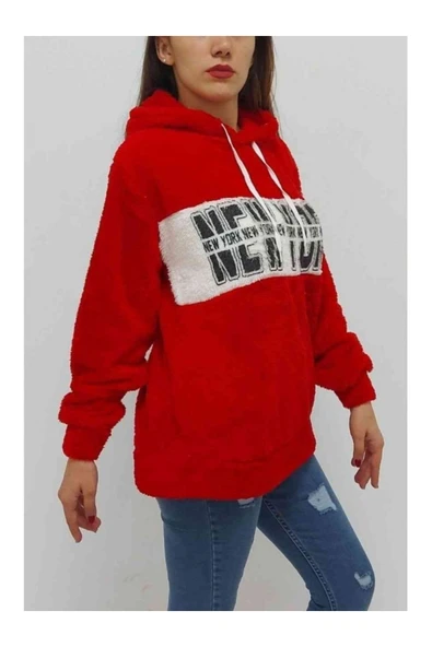 Bkmc New York Baskılı Kapüşonlu Peluş Sweatshirt Kırmızı - 3