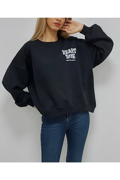 Bkmc Heart Zone Ön ve Arka Baskılı İçi Pamuklu Kadın Sweatshirt Siyah - 4