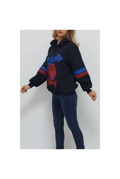 Bkmc Kapüşonlu Baskılı Içi Pamuk Sweatshirt Siyah - 2