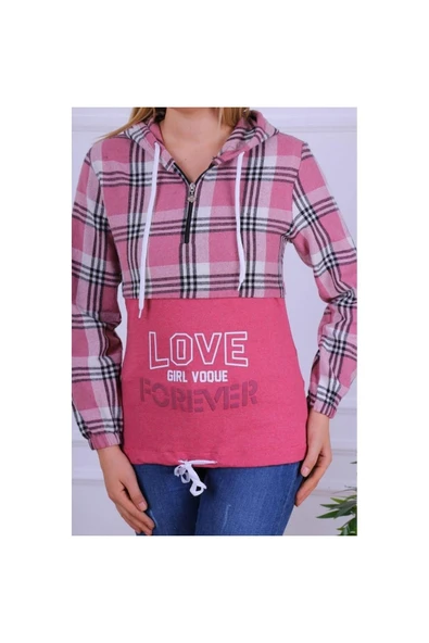 Bkmc Kadın Kapüşonlu Baskılı Oduncu Sweatshirt Pembe