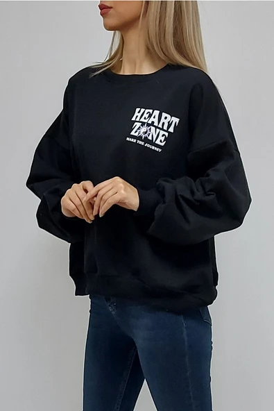 Bkmc Heart Zone Ön ve Arka Baskılı İçi Pamuklu Kadın Sweatshirt Siyah - 3