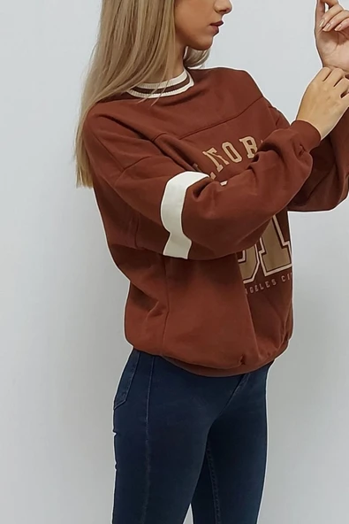 Bkmc California Baskılı Kolej Yaka Oversize Içi Tüylü Sweatshirt Kiremit - 4