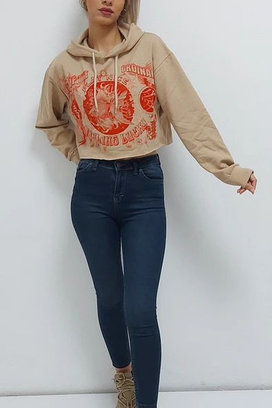 Bkmc Altı Kesik Baskılı Kapşonlu Sweat Kahverengi