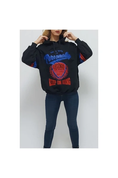 Bkmc Kapüşonlu Baskılı Içi Pamuk Sweatshirt Siyah