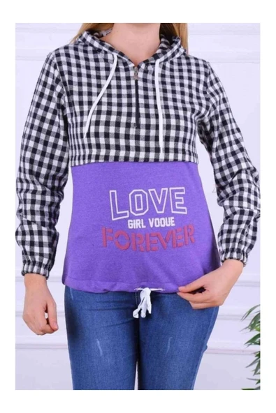 Bkmc Kapüşonlu Baskılı Oduncu Sweatshirt Mor (Lisinya)