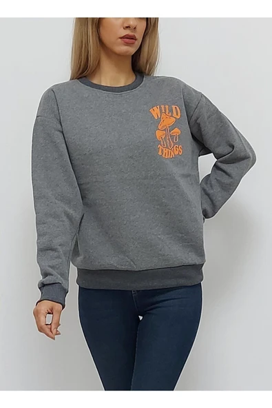 Bkmc Arkası Baskılı Içi Tüylü Sweatshirt Gri