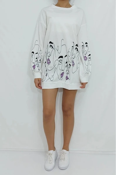 Bkmc Önü Kolları Kız Baskılı Sweatshirt Beyaz