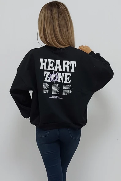 Bkmc Heart Zone Ön ve Arka Baskılı İçi Pamuklu Kadın Sweatshirt Siyah - 5