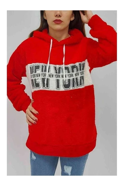 Bkmc New York Baskılı Kapüşonlu Peluş Sweatshirt Kırmızı