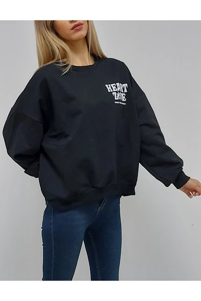 Bkmc Heart Zone Ön ve Arka Baskılı İçi Pamuklu Kadın Sweatshirt Siyah - 2