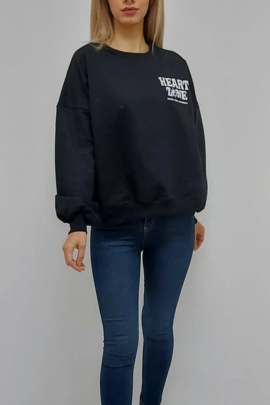 Bkmc Heart Zone Ön ve Arka Baskılı İçi Pamuklu Kadın Sweatshirt Siyah