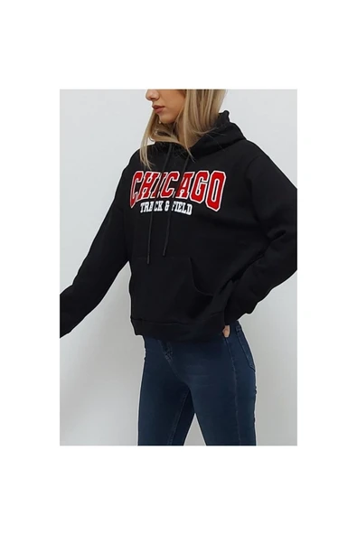 Bkmc Chicago Baskılı Kapüşonlu Oversize Içi Tüylü Sweatshirt Siyah - 3