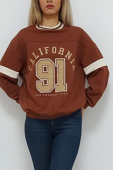 Bkmc California Baskılı Kolej Yaka Oversize Içi Tüylü Sweatshirt Kiremit