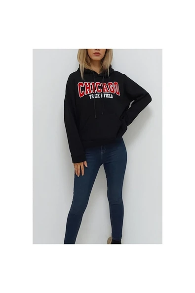 Bkmc Chicago Baskılı Kapüşonlu Oversize Içi Tüylü Sweatshirt Siyah - 2