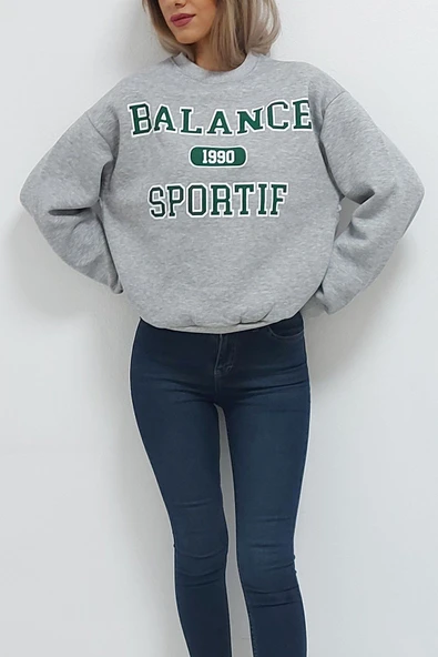 Bkmc Blnc Baskılı Bisiklet Yaka Içi Pamuklu Kadın Sweatshirt Gri