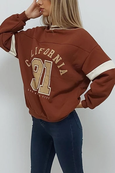 Bkmc California Baskılı Kolej Yaka Oversize Içi Tüylü Sweatshirt Kiremit - 3