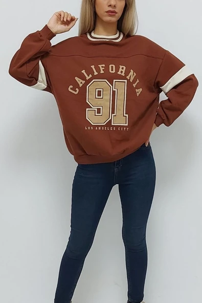 Bkmc California Baskılı Kolej Yaka Oversize Içi Tüylü Sweatshirt Kiremit - 2