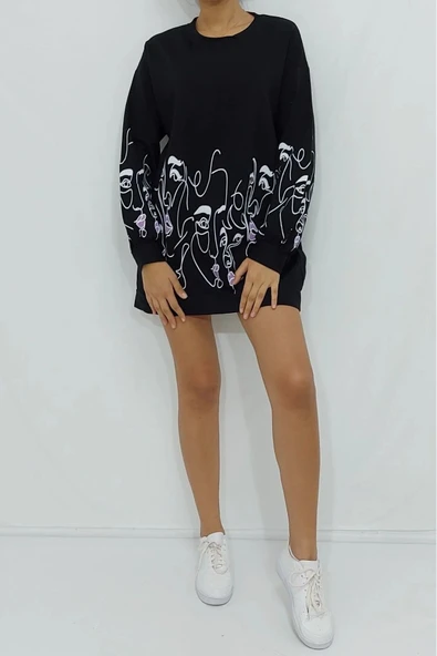 Bkmc Önü Kolları Kız Baskılı Sweatshirt Siyah ()comfi Shop)
