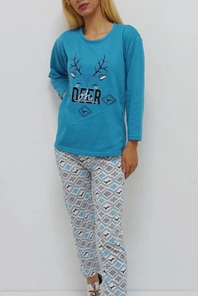 Bkmc Baskılı İçi Tüylü Pijama Takımı Turkuaz