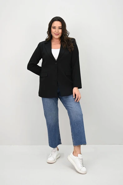 Kadın Büyük Beden Astarlı Düğmeli Blazer Ceket 9008-25-1 - 2