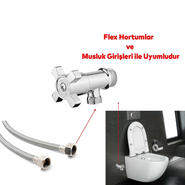Taharet Musluğu Ara Musluk Klozet Alafranga Flex Hortum Bağlantı Çevirmeli Metal Rezervuar Wc - 3