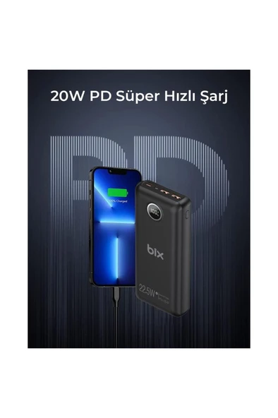 Bix Pb201 Üç Portlu 20000mah 22.5w Hızlı Şarj 4.0 Pd Giriş/çıkışlı Led Göstergeli Powerbank Siyah - 3