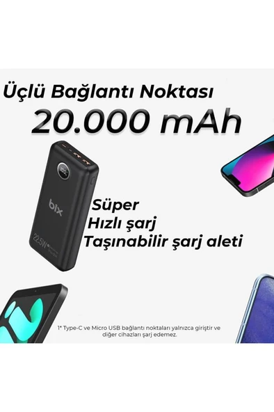 Bix Pb201 Üç Portlu 20000mah 22.5w Hızlı Şarj 4.0 Pd Giriş/çıkışlı Led Göstergeli Powerbank Siyah - 8