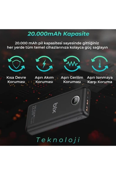 Bix Pb201 Üç Portlu 20000mah 22.5w Hızlı Şarj 4.0 Pd Giriş/çıkışlı Led Göstergeli Powerbank Siyah - 5