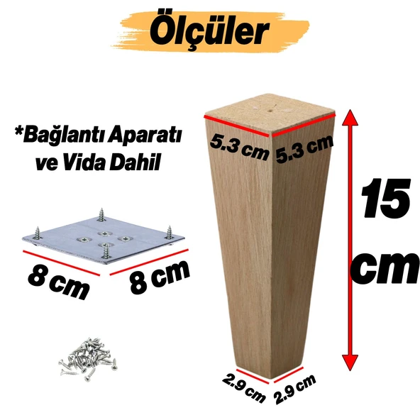 Ahşap Ayak 4 Adet 15 cm Kare Bağlantı Aparatı Dahil Mobilya Koltuk Kanepe Sehpa Masa Ayağı Ayakları - Resim 3