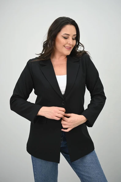 Kadın Büyük Beden Astarlı Düğmeli Blazer Ceket 9008-25-1 - 7