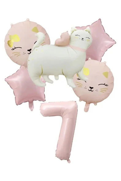 Laviyosa RETRO SEVİMLİ KEDİ FOLYO BALONLU YAŞ BALONLU DOĞUM GÜNÜ PARTİ SETİ SÜSÜ - Resim 4