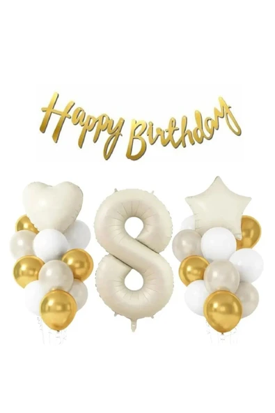 Laviyosa KREM YAŞ RAKAMLI YILDIZ KALPLİ YAŞ BALONLU DOĞUM GÜNÜ PARTİ SETİ SÜSÜ - Resim 8