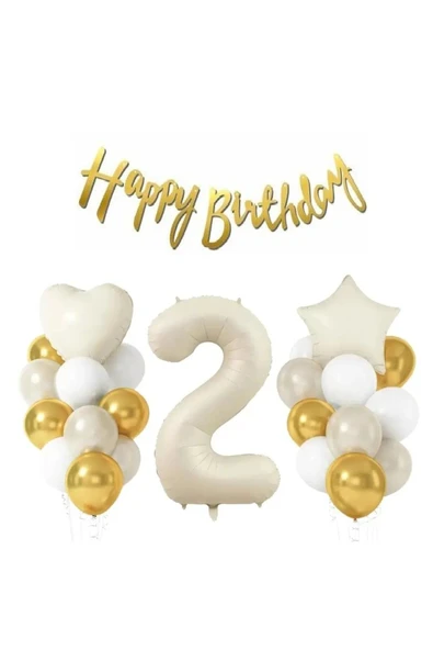 Laviyosa KREM YAŞ RAKAMLI YILDIZ KALPLİ YAŞ BALONLU DOĞUM GÜNÜ PARTİ SETİ SÜSÜ - Resim 2