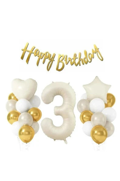 Laviyosa KREM YAŞ RAKAMLI YILDIZ KALPLİ YAŞ BALONLU DOĞUM GÜNÜ PARTİ SETİ SÜSÜ - Resim 3