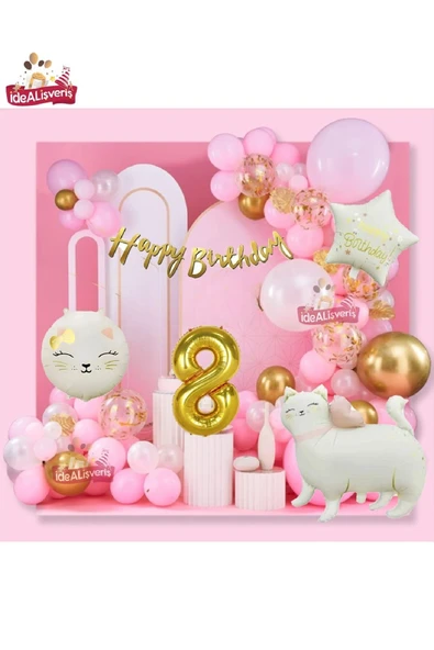 Laviyosa Yıldız ve Kedi Folyo Gold 8 Yaş Folyo Balonlu İyi Ki Doğdun Yazılı Pembe Gold Doğum Günü Parti Seti - 6