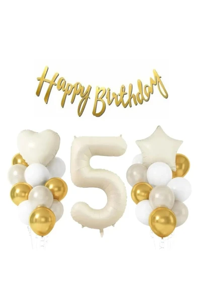 Laviyosa KREM YAŞ RAKAMLI YILDIZ KALPLİ YAŞ BALONLU DOĞUM GÜNÜ PARTİ SETİ SÜSÜ - Resim 5