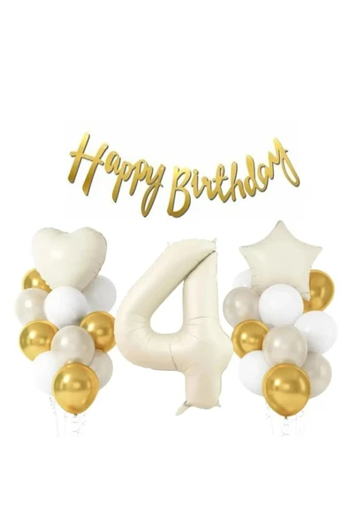 Laviyosa KREM YAŞ RAKAMLI YILDIZ KALPLİ YAŞ BALONLU DOĞUM GÜNÜ PARTİ SETİ SÜSÜ - Resim 4