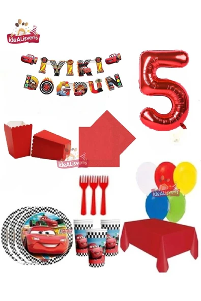 BKMC PARTY 8 KİŞİLİK CARS ARABA TEMALI DOĞUM GÜNÜ KONSEPTİ PARTİ SETİ SÜSÜ - Resim 3