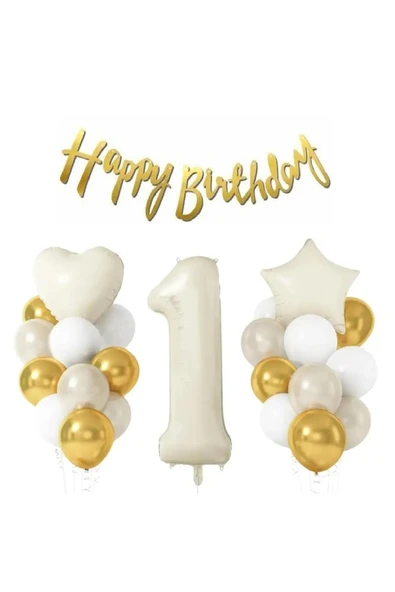 Laviyosa KREM YAŞ RAKAMLI YILDIZ KALPLİ YAŞ BALONLU DOĞUM GÜNÜ PARTİ SETİ SÜSÜ ürün görseli