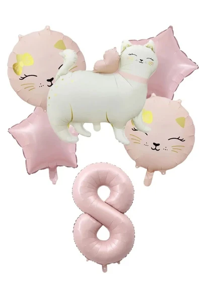 Laviyosa RETRO SEVİMLİ KEDİ FOLYO BALONLU YAŞ BALONLU DOĞUM GÜNÜ PARTİ SETİ SÜSÜ - Resim 5