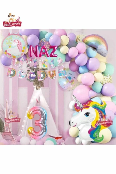 Laviyosa 3 Harfli  Yaş Unicorn Temalı Iyi Ki Doğdun Makaron Balon Doğum Günü Parti Kutlama Seti Süsü