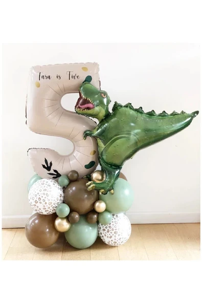 Laviyosa Büyük T-Rex Dinozor Balonlu Krem Yaş Folyo Balonlu Doğum Günü Parti Seti Süsü