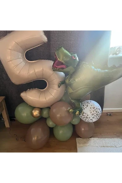 Laviyosa Büyük T-Rex Dinozor Balonlu Krem Yaş Folyo Balonlu Doğum Günü Parti Seti Süsü - Resim 5