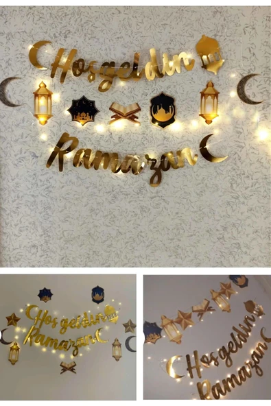 Laviyosa 3 parça Ledli Hoşgeldin Ramazan Banner, Dekoratif Uzar Süs Ay Yıldız Kuran Mahya Cami Temalı Set - 5