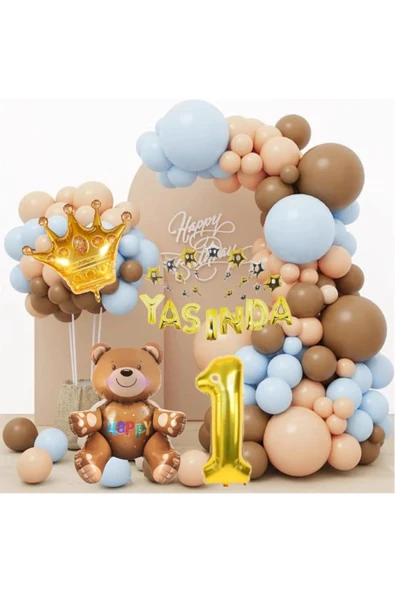 Laviyosa AYICIK KONSEPT TEMALI YAŞINDA GOLD FOLYOLU KAHVERENGİ MAVİ BALONLU ZİNCİR DOĞUM GÜNÜ PARTİ SETİ SÜSÜ ürün görseli
