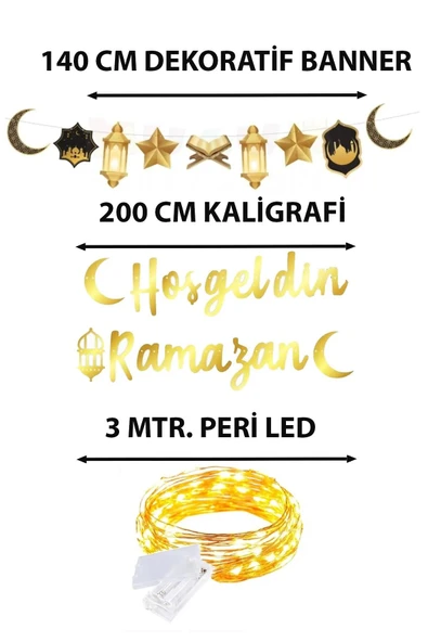 Bkmc 3 parça Ledli Hoşgeldin Ramazan Banner, Dekoratif Uzar Süs Ay Yıldız Kuran Mahya Cami Temalı Set - 3